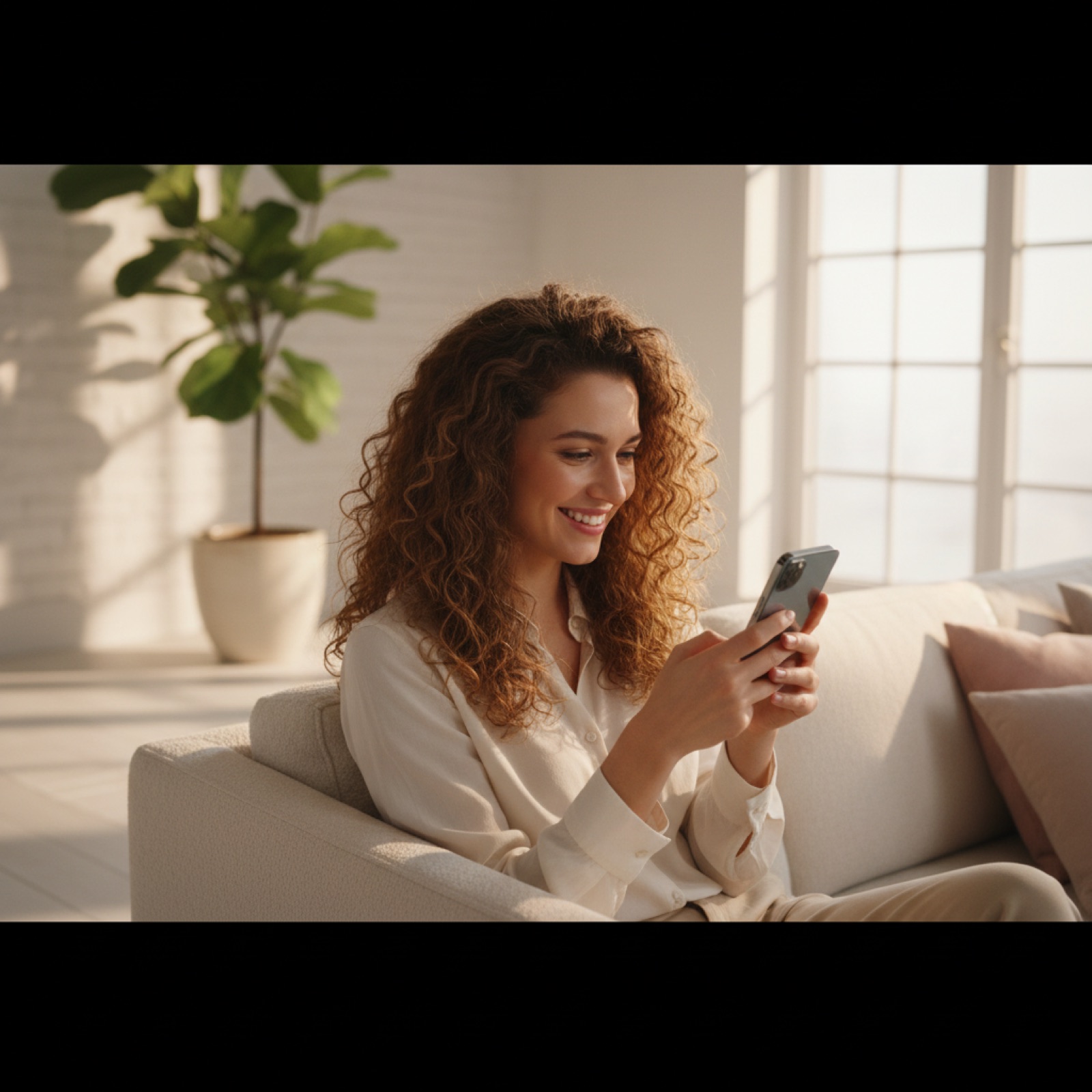 A customer smiling at her phone in a sunlit living room