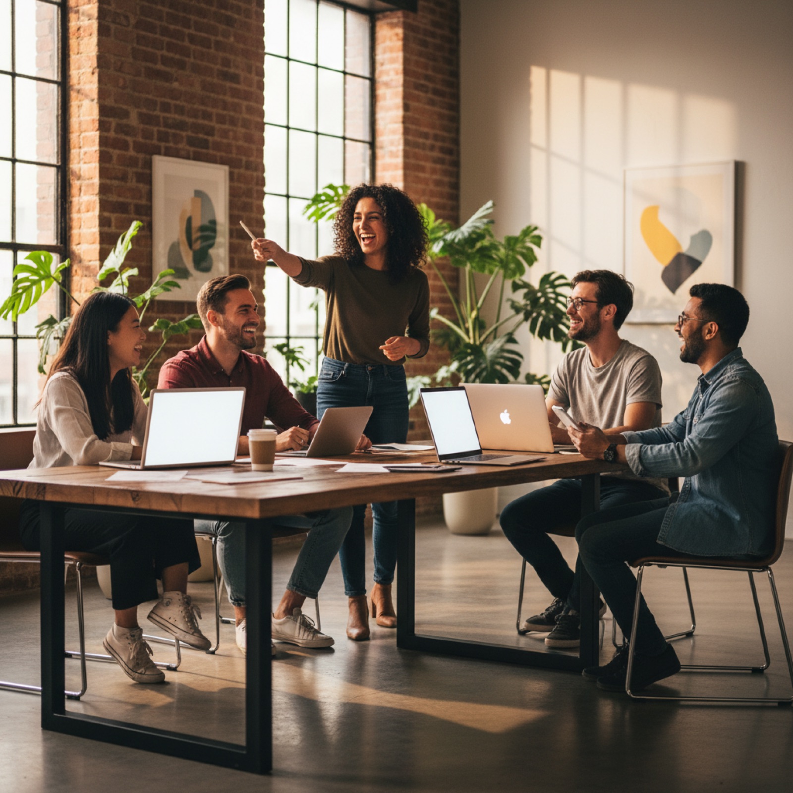 A diverse modern team collaborating around a sunlit office table