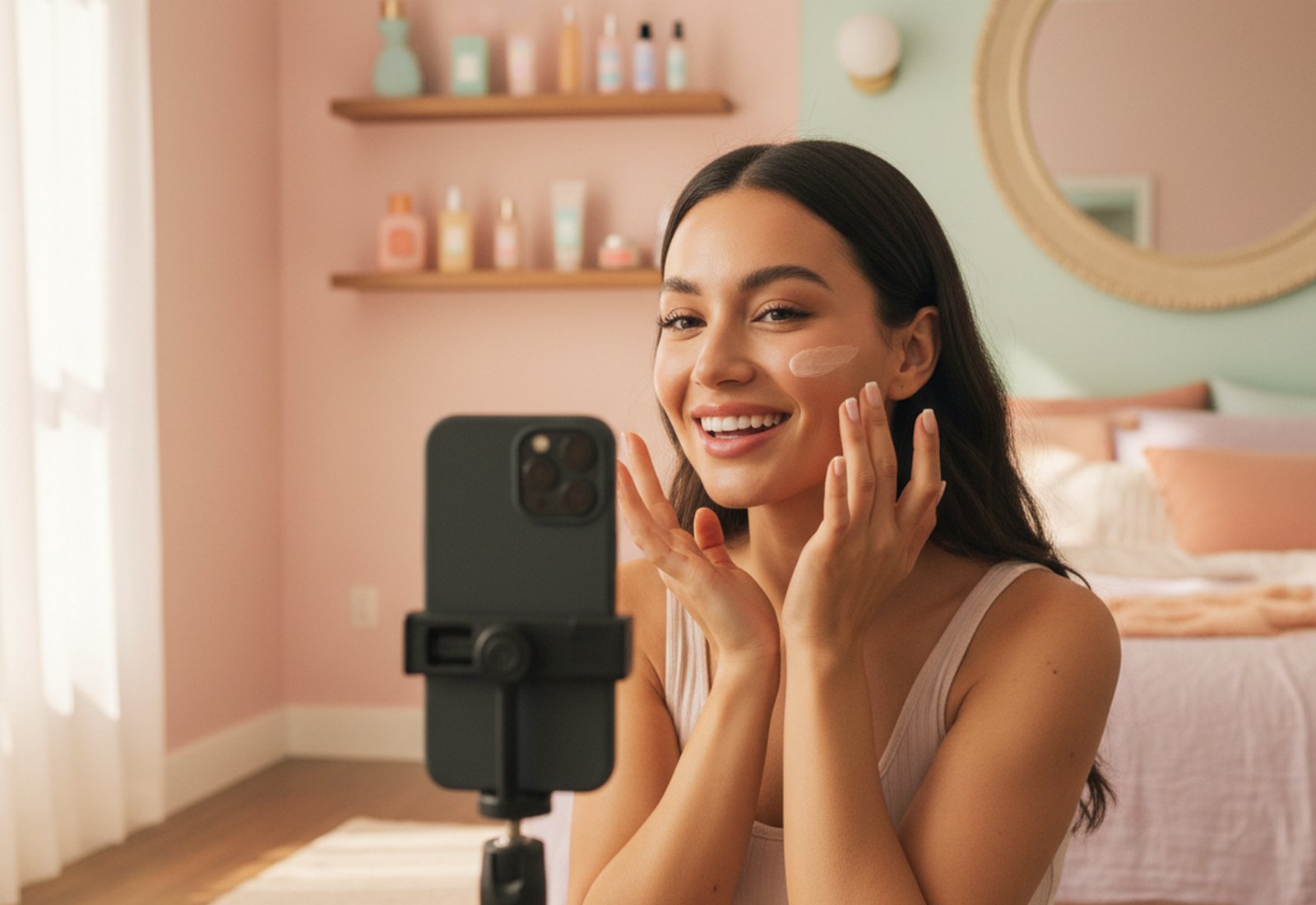 A beauty influencer filming a skincare routine in a softly lit pastel studio