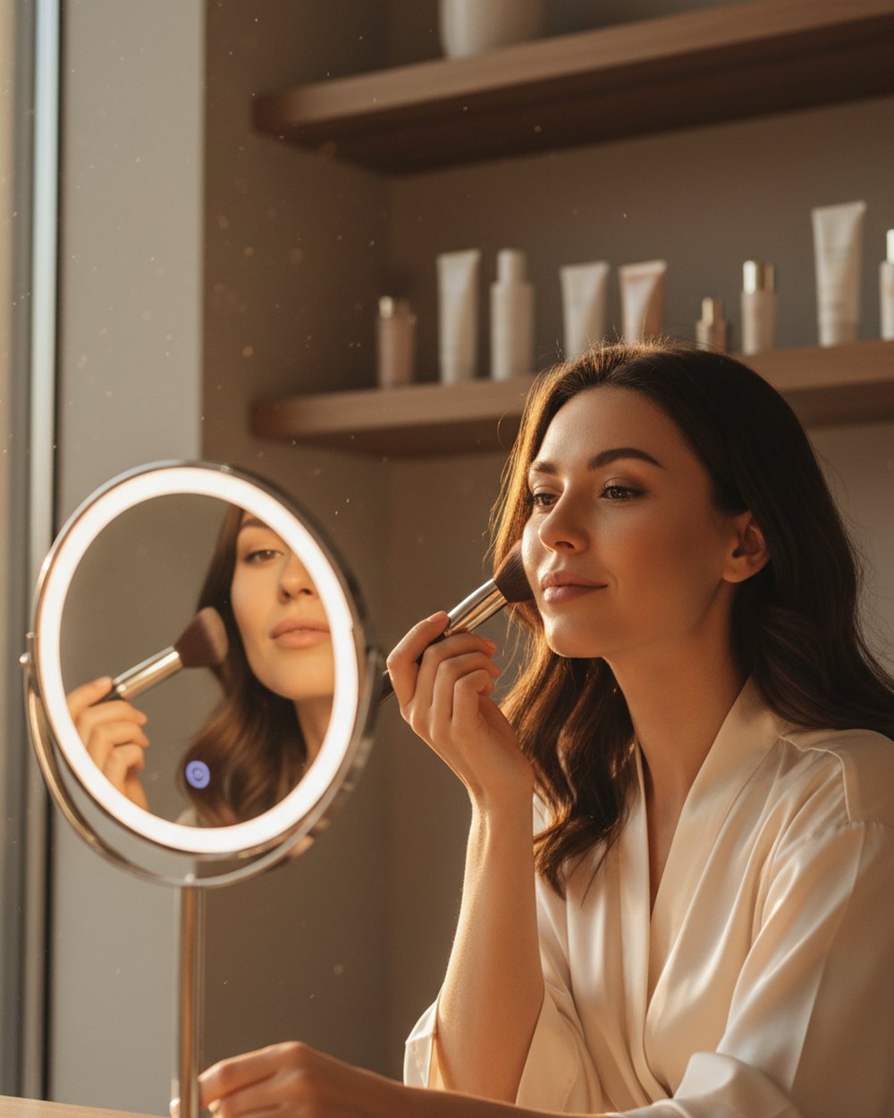 A young woman applying makeup at a vanity mirror in warm window light