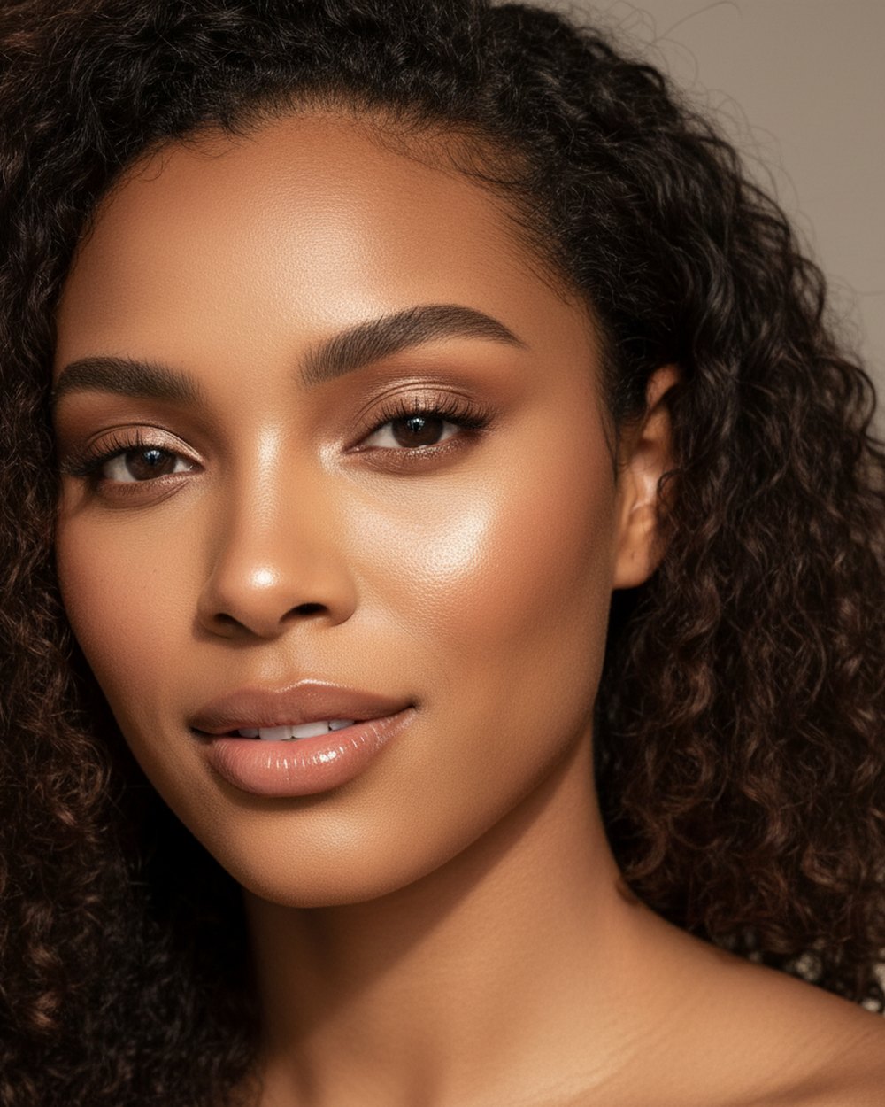 A radiant beauty influencer with glowing skin under soft studio light