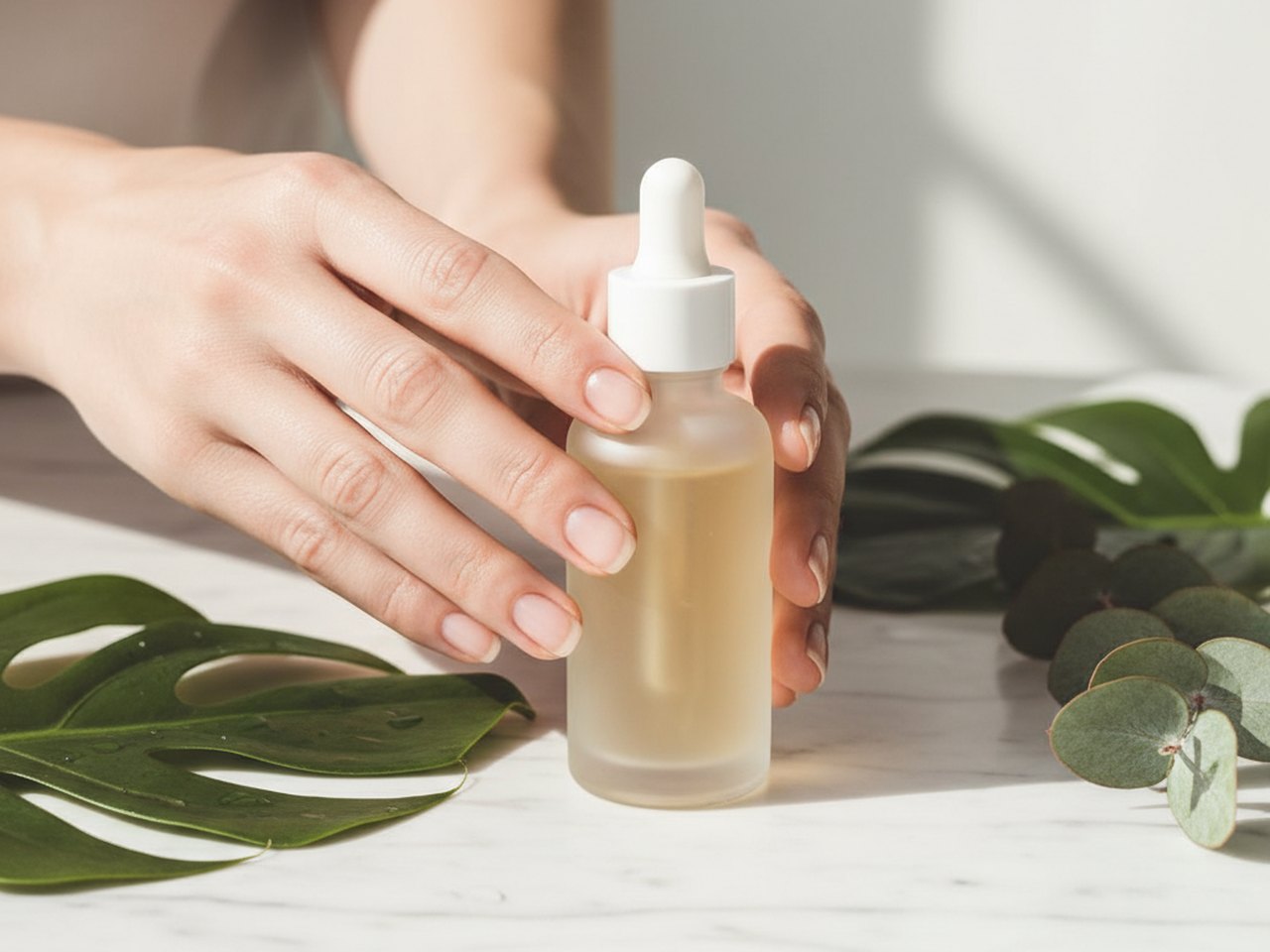 Hands holding a minimalist skincare serum bottle on a marble surface