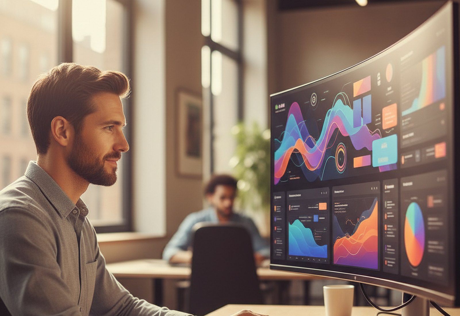 A performance marketer reviewing analytics dashboards on a large monitor