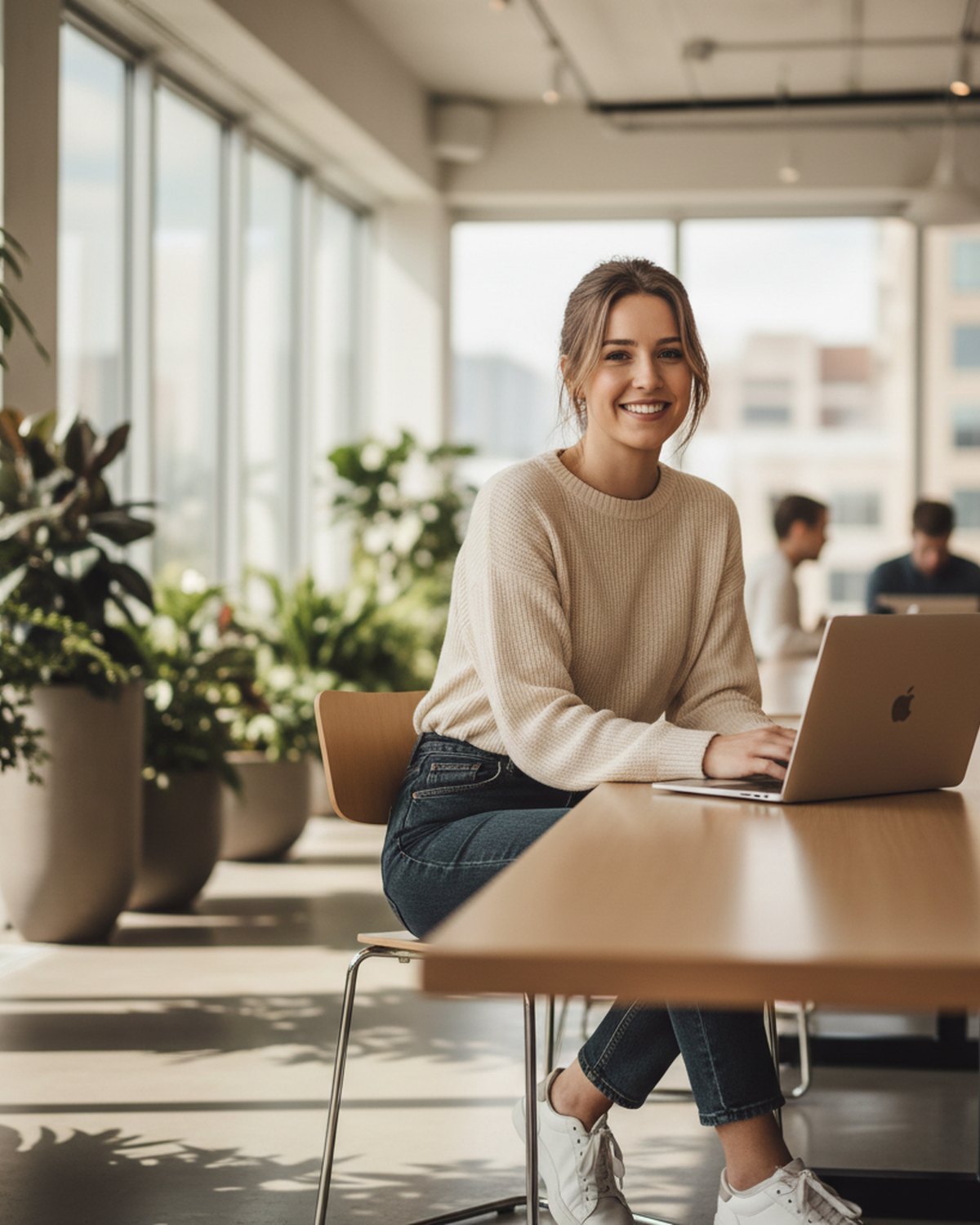 A startup founder working on a laptop in a bright modern co-working space