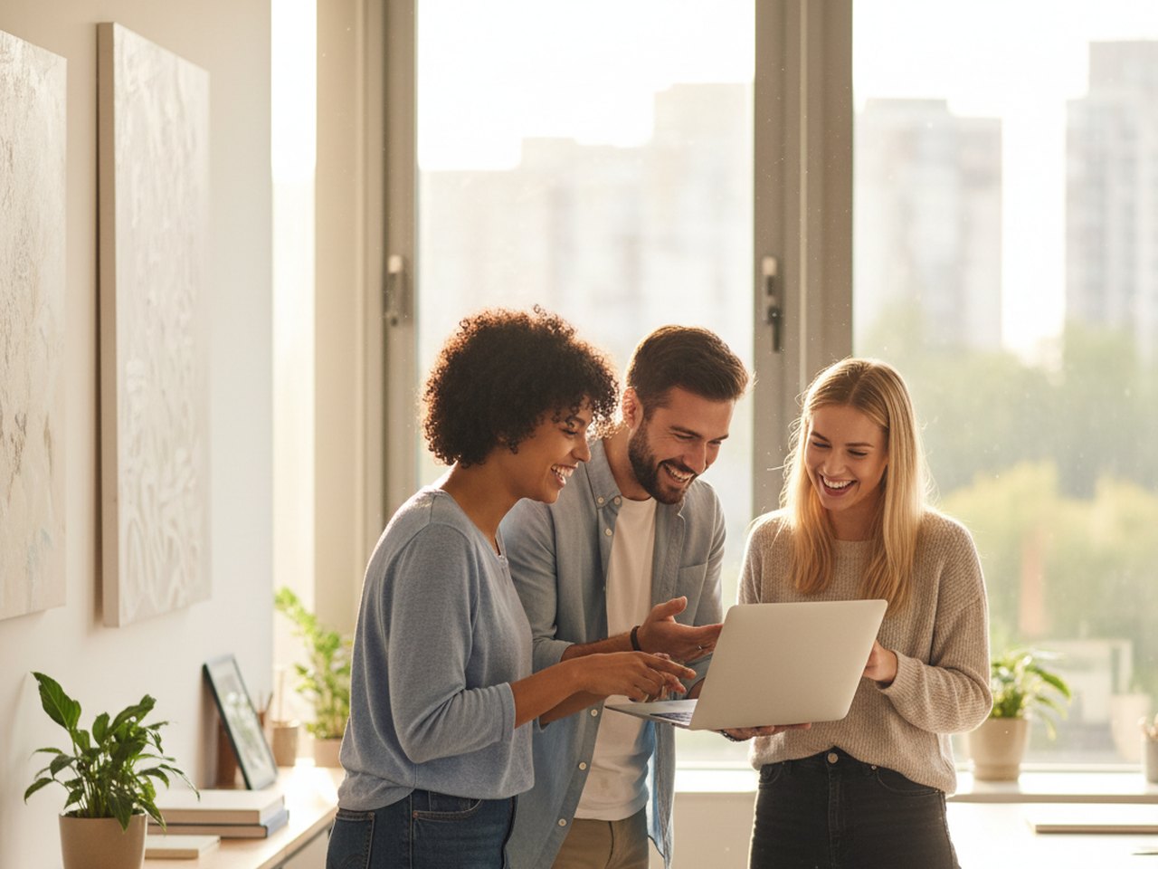 A small startup marketing team collaborating around a laptop in a sunlit office